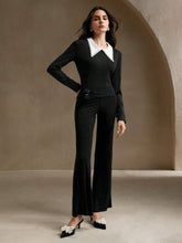 Women's Contrast Color Rhinestone Decor Turndown Collar Slim Fit Elastic Tee, Spring Summer